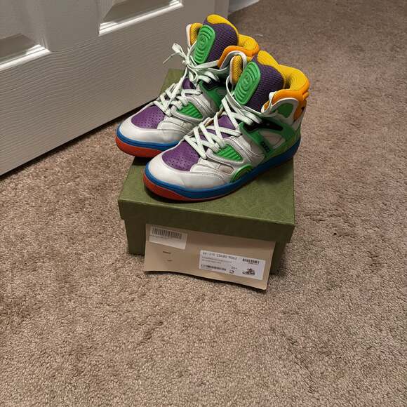 Gucci Basket High-Top Basketball Sneakers in White Green and Purple